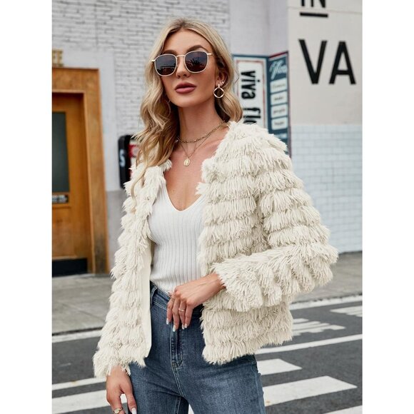 Women's Beige Inorin Faux Fur Coat Open Front Shaggy Cardigan Vintage Jacket - Picture 2 of 5
